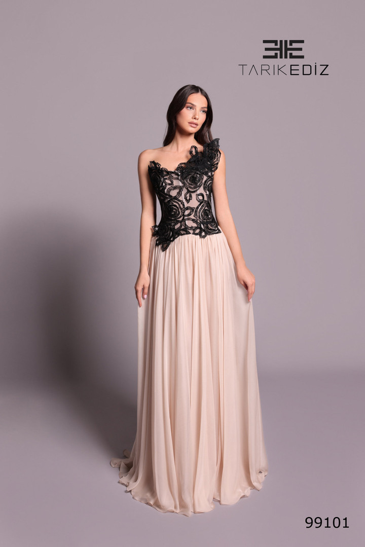 Tarik Ediz 99101 Chiffon Lace Asymmetric Neck Strapless Gown