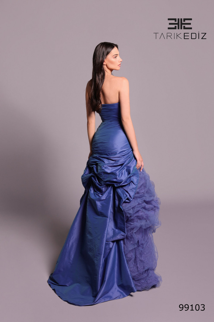 Tarik Ediz 99103 Taffeta Tulle Ruffled Strapless Long Dress