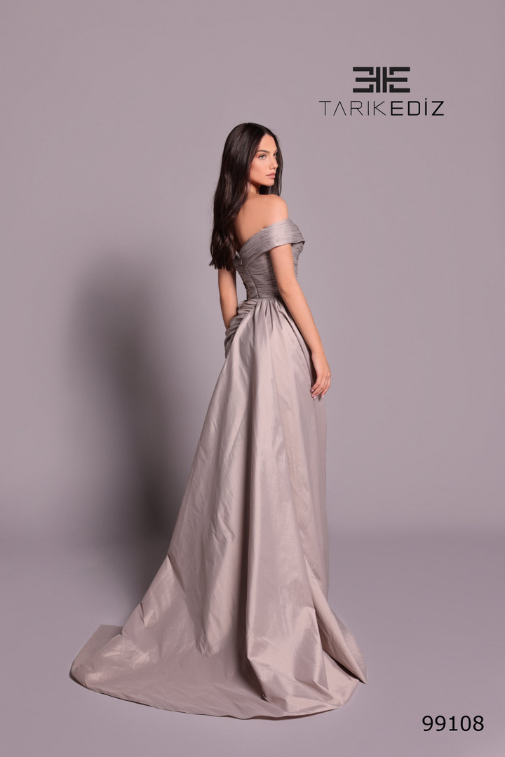 Tarik Ediz 99108 Taffeta Off Shoulder Sleeve High Slit Dress