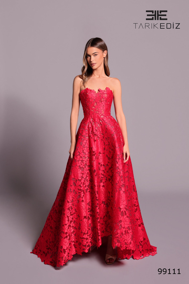 Tarik Ediz 99111 Lace Sweetheart Strapless High Low Dress