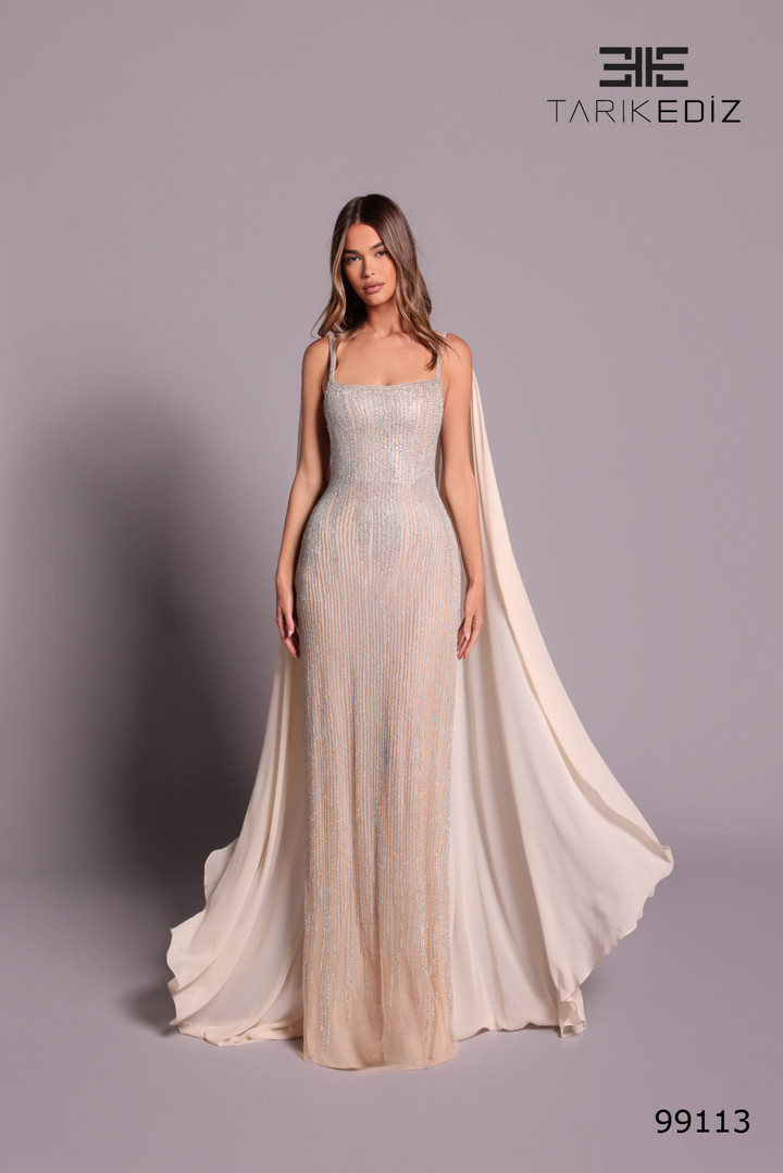Tarik Ediz 99113 Beaded Embroidery Chiffon Square Neck Dress