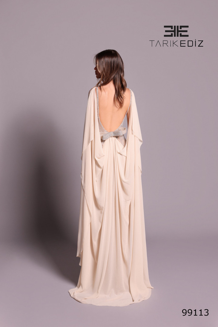 Tarik Ediz 99113 Beaded Embroidery Chiffon Square Neck Dress