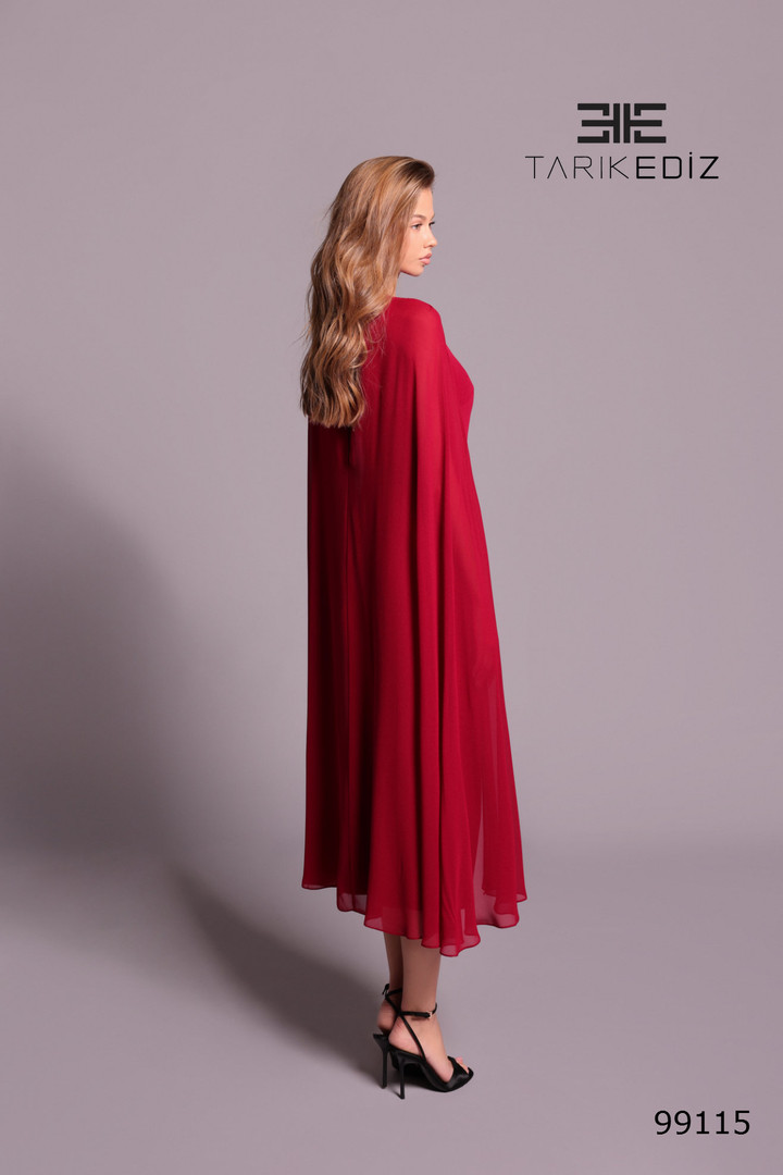 Tarik Ediz 99115 Crepe Cape Sleeve Sheath Tea-length Dress