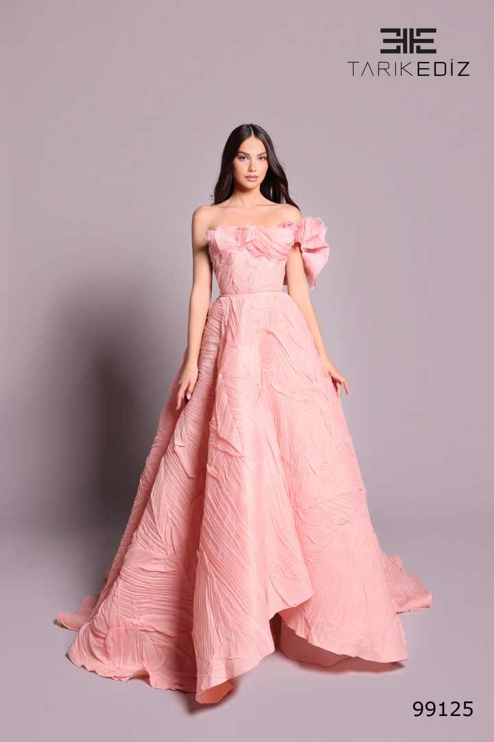 Tarik Ediz 99125 Crushed Organza Off Shoulder Long Ball Gown