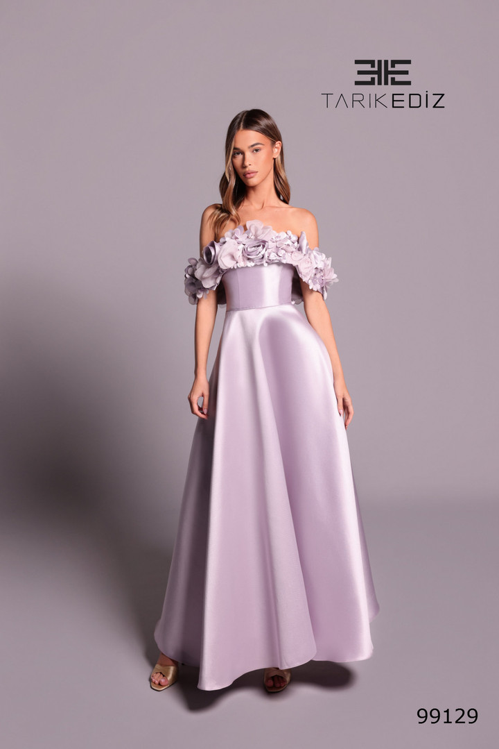 Tarik Ediz 99129 Taffeta 3D Floral Off Shoulder Long Dress