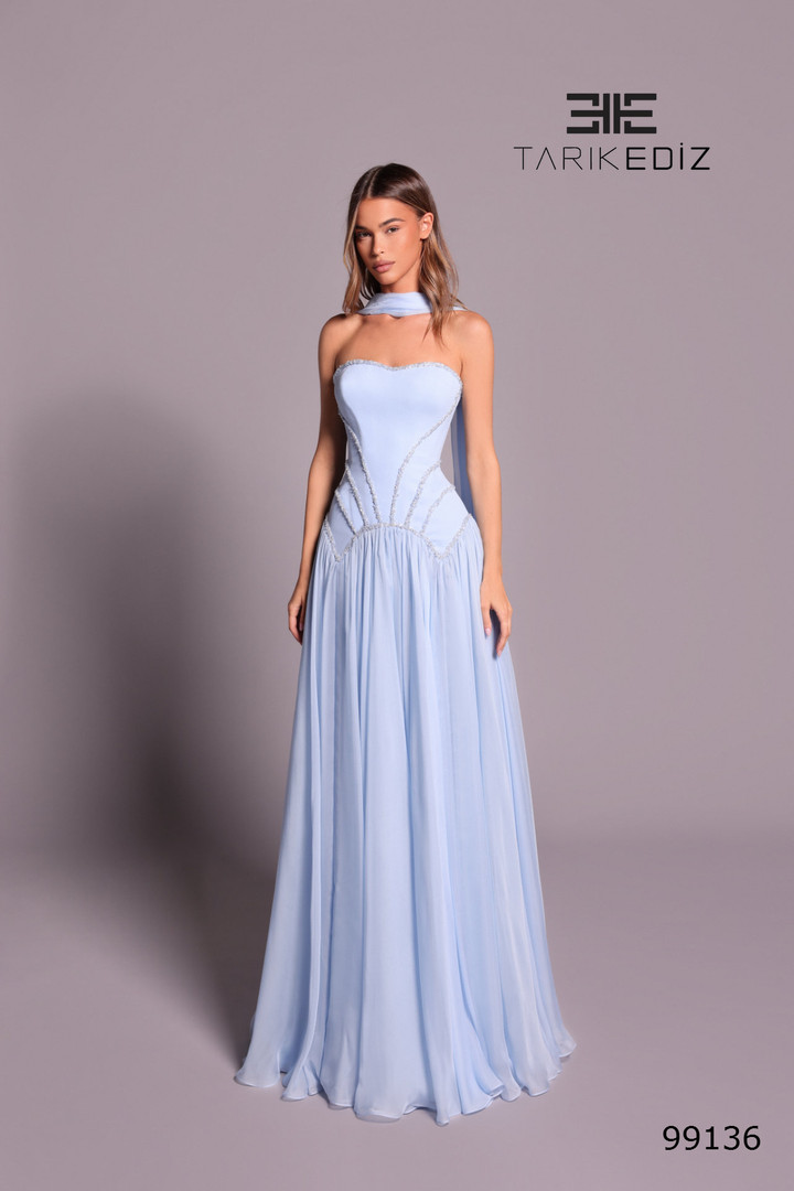 Tarik Ediz 99136 Beaded Chiffon Semi-Sweetheart Neck Dress