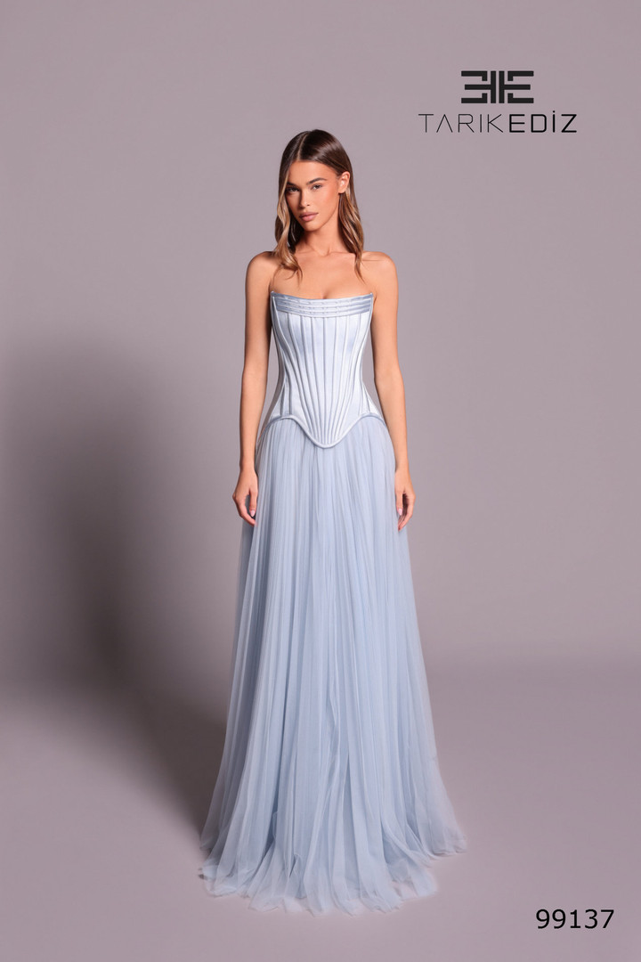 Tarik Ediz 99137 Tulle Satin Scoop Neck Strapless Long Dress