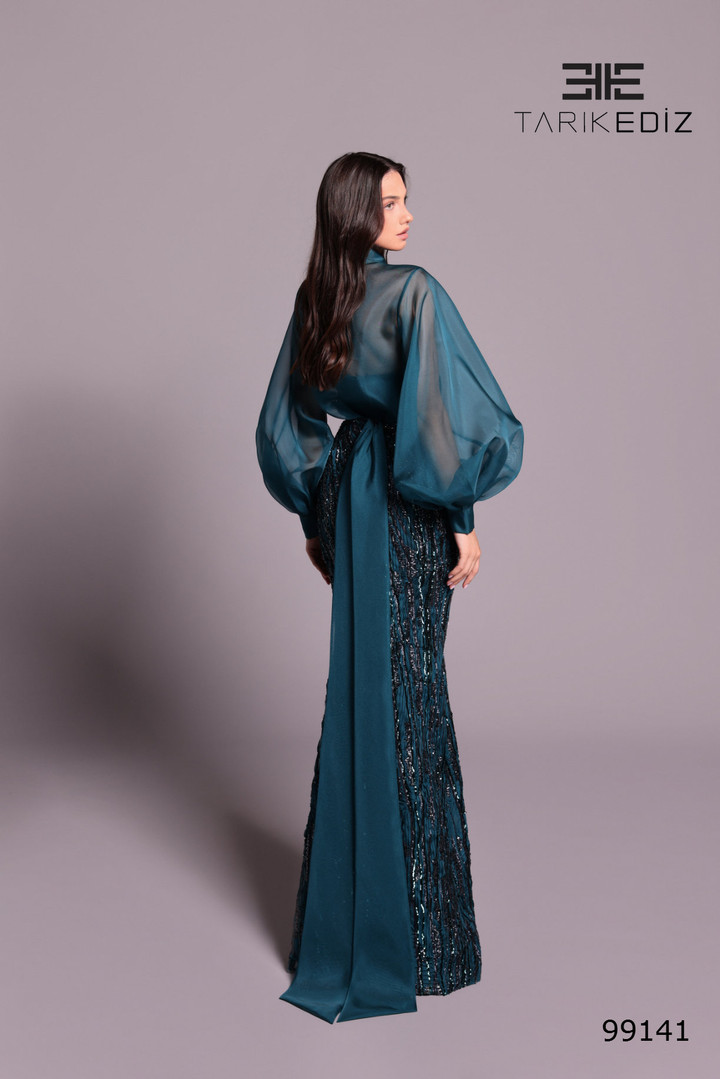 Tarik Ediz 99141 Embroidery Sheer Bishop Sleeves Long Dress