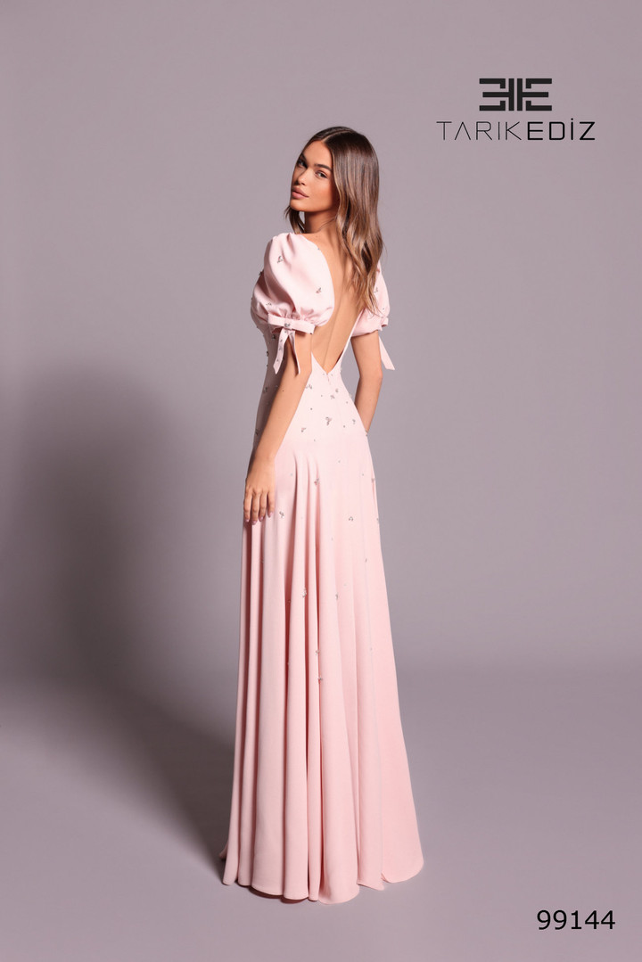 Tarik Ediz 99144 Beaded Crepe Scoop Neck Puff Sleeve Dress