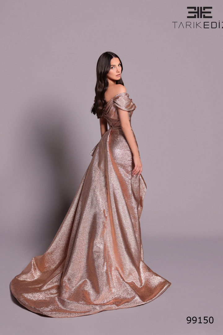 Tarik Ediz 99150 Jacquard Off Shoulder Sleeve Veneto Dress