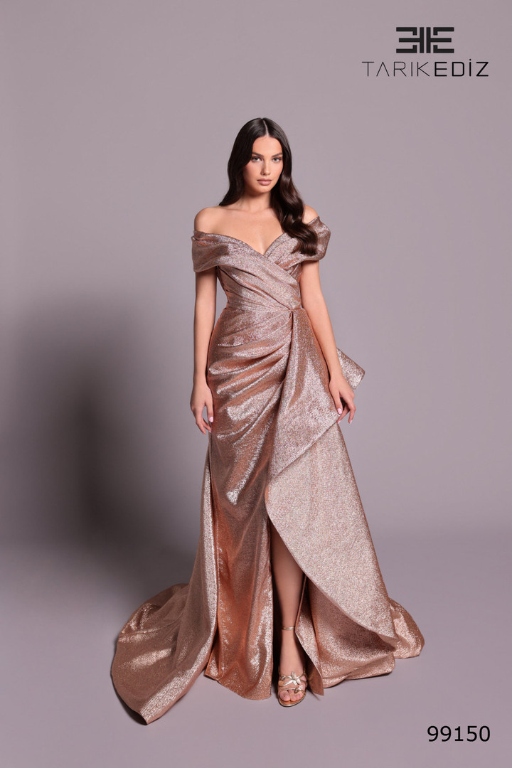 Tarik Ediz 99150 Jacquard Off Shoulder Sleeve Veneto Dress