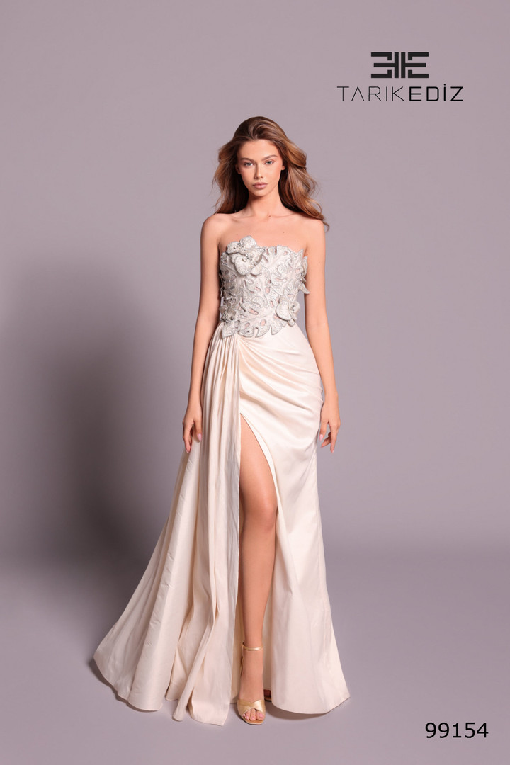 Tarik Ediz 99154 Taffetta Embroidery Straight Neck Dress