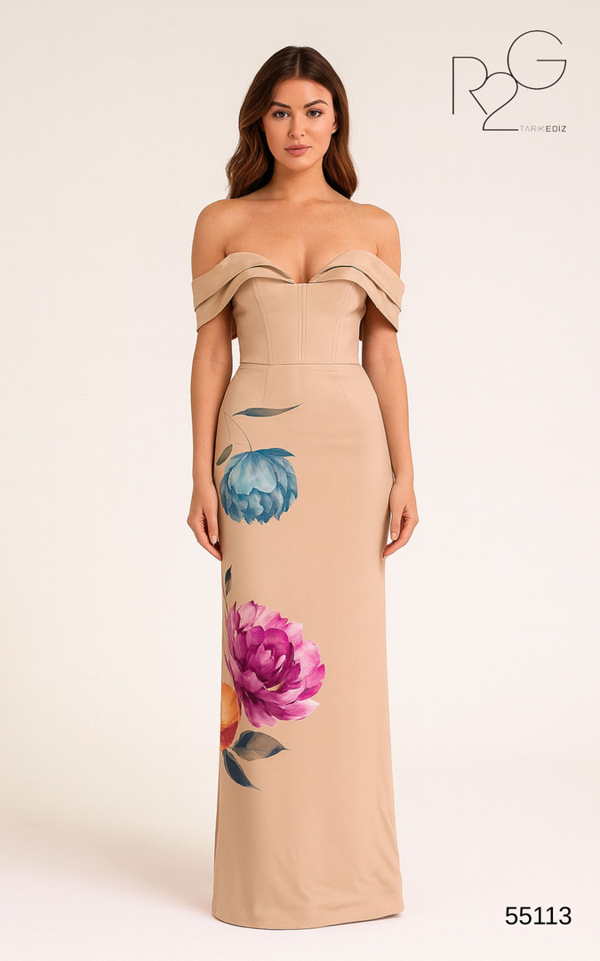 RG2 by Tarik Ediz 55113 Crepe Off Shoulder Flower Dress