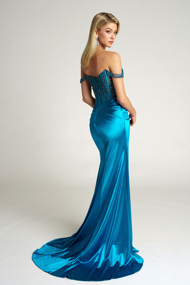 Portia and Scarlett PS26046 Satin Straps Sleeve Slit Dress