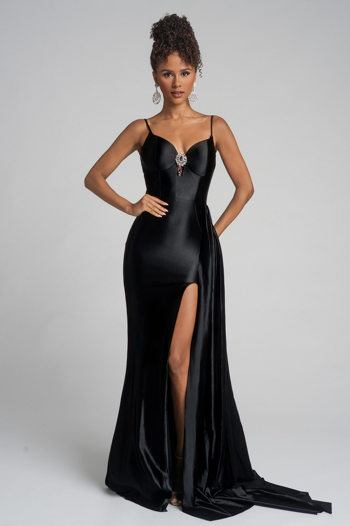 Portia and Scarlett XO037 Satin Sweetheart Neck Slit Dress