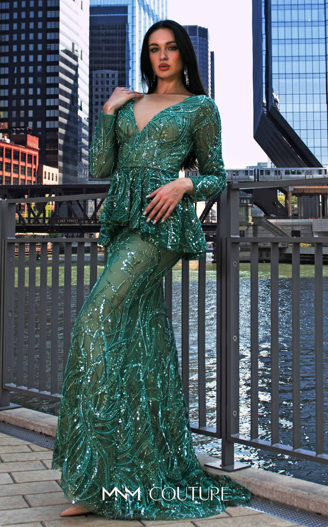MNM Couture M1140 Sequin Embroidered Mesh Long Sleeve Gown