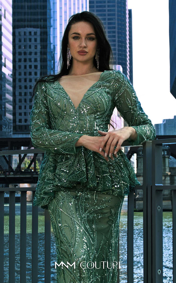 MNM Couture M1140 Sequin Embroidered Mesh Long Sleeve Gown