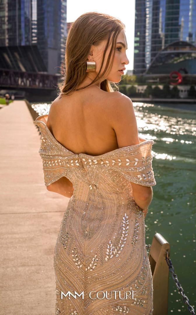 MNM Couture M1168 Embroidered Tulle Cap Off-shoulder Gown