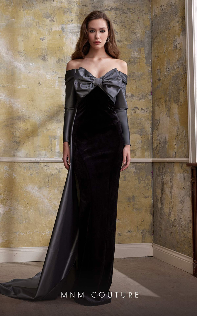MNM Couture N0565 Velvet Off-shoulder Long Sleeve Long Gown