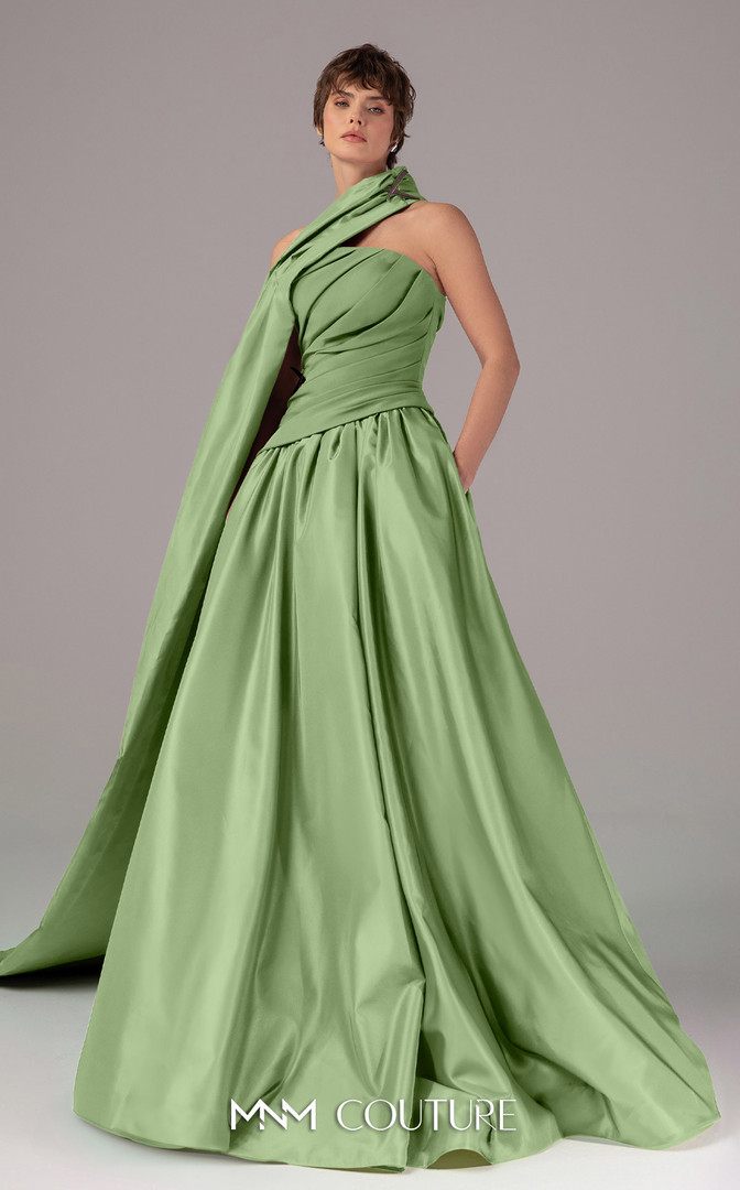 MNM Couture E0089 Satin Pleated Bodice Strapless A-Line Gown