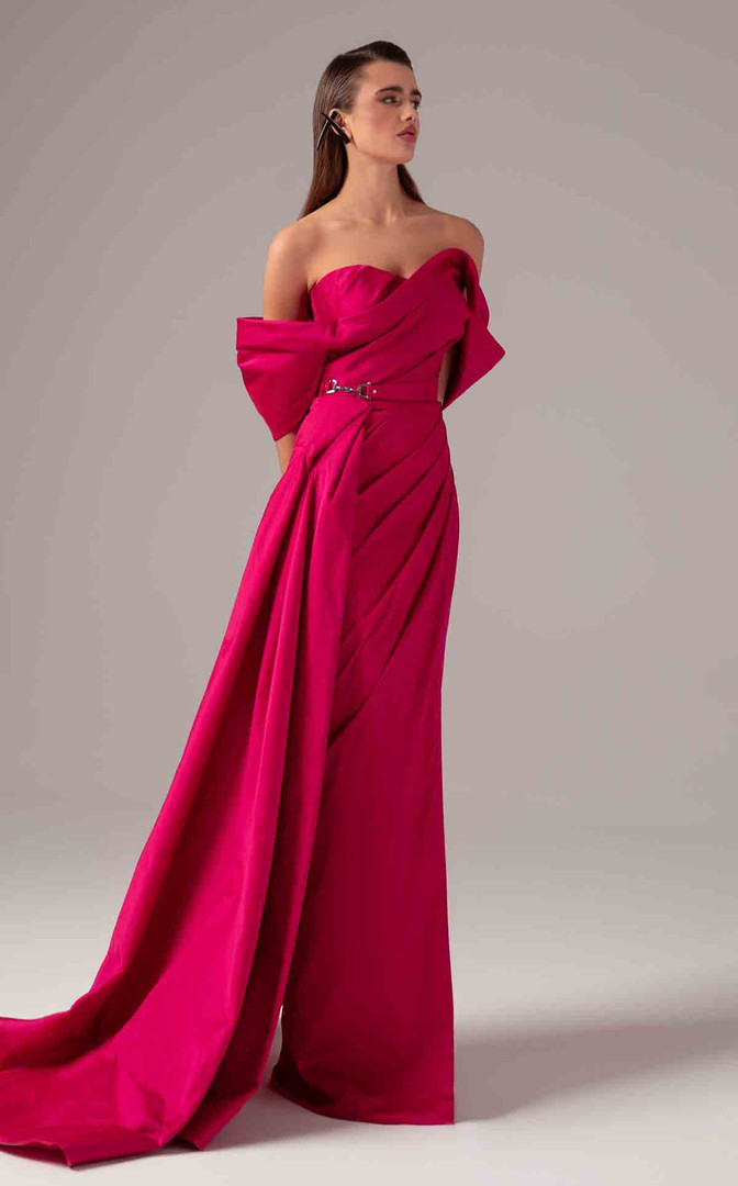 MNM Couture E0090 Off-Shoulder Cap Sleeve Pleated Long Gown
