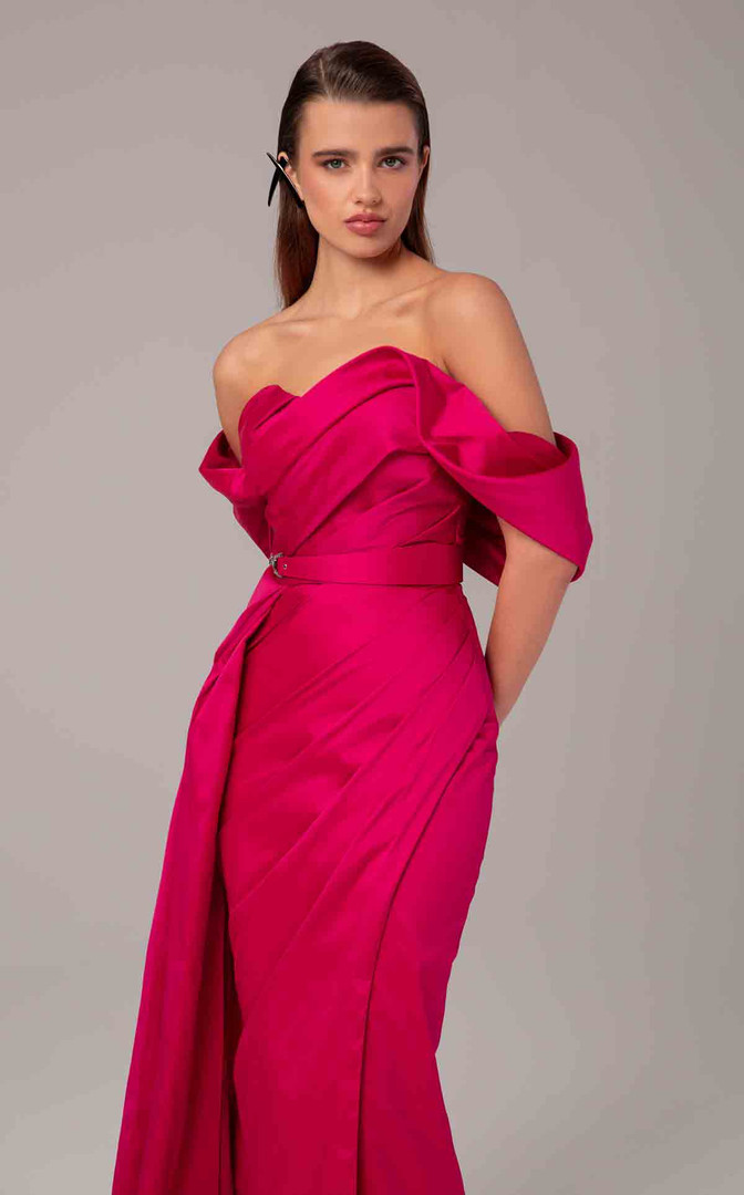MNM Couture E0090 Off-Shoulder Cap Sleeve Pleated Long Gown