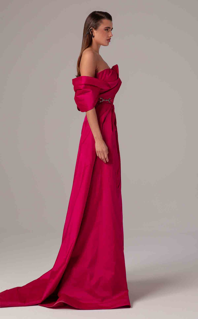 MNM Couture E0090 Off-Shoulder Cap Sleeve Pleated Long Gown