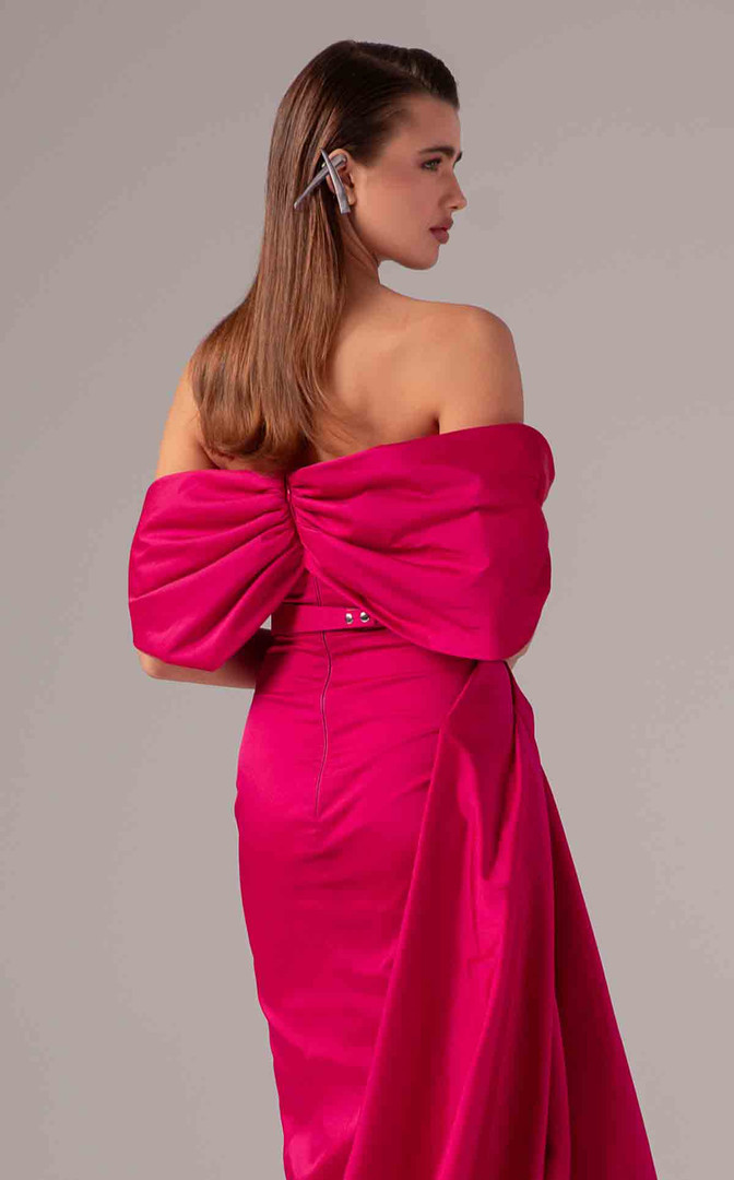 MNM Couture E0090 Off-Shoulder Cap Sleeve Pleated Long Gown