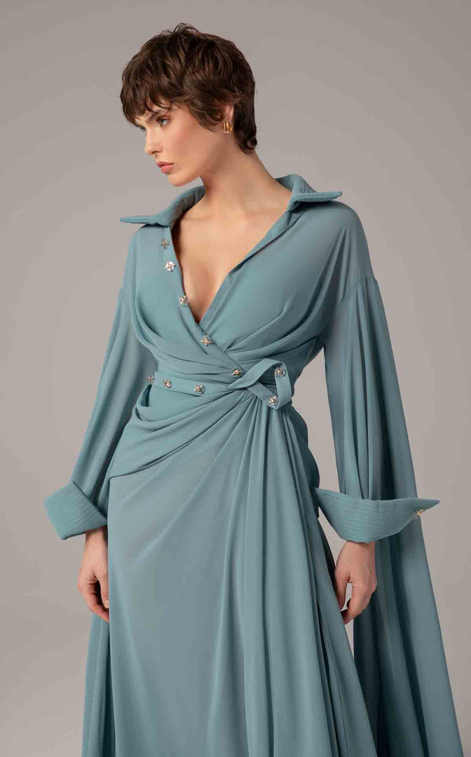 MNM Couture E0093 Rayon Crepe Collar V-neck Long Sleeve Gown