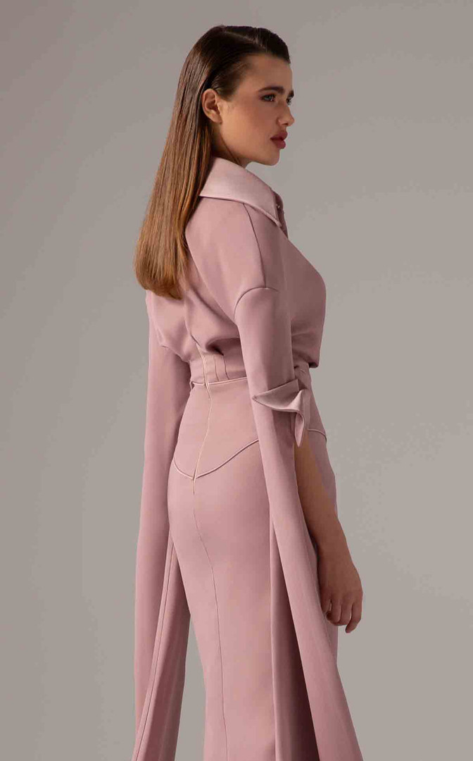 MNM Couture E0094 Rayon Crepe Collar V-neck Long Sleeve Gown