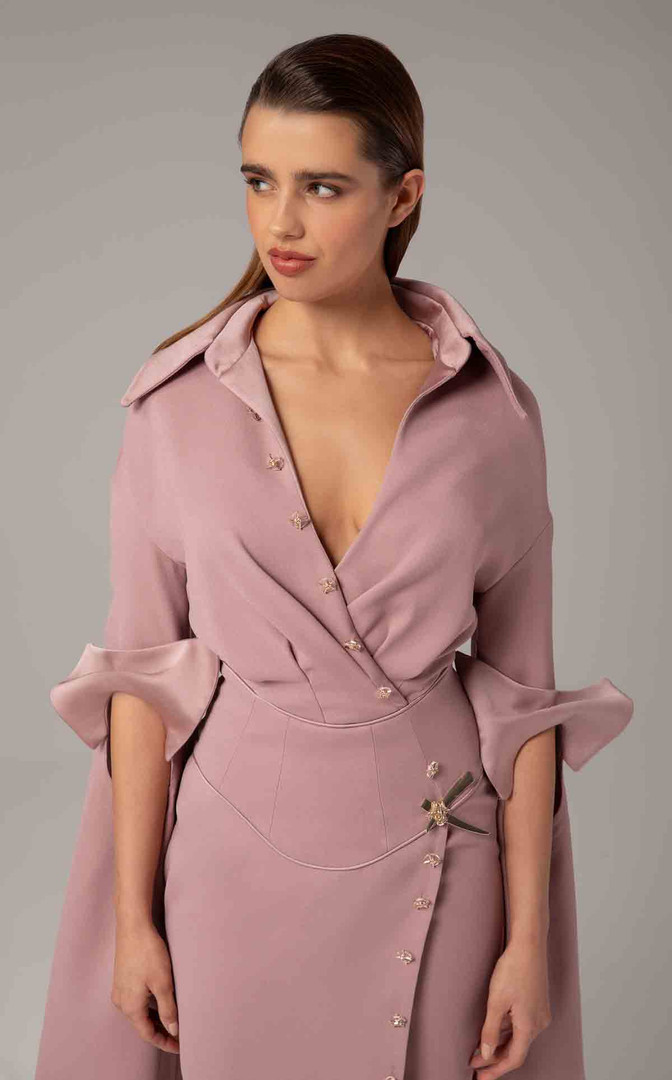 MNM Couture E0094 Rayon Crepe Collar V-neck Long Sleeve Gown