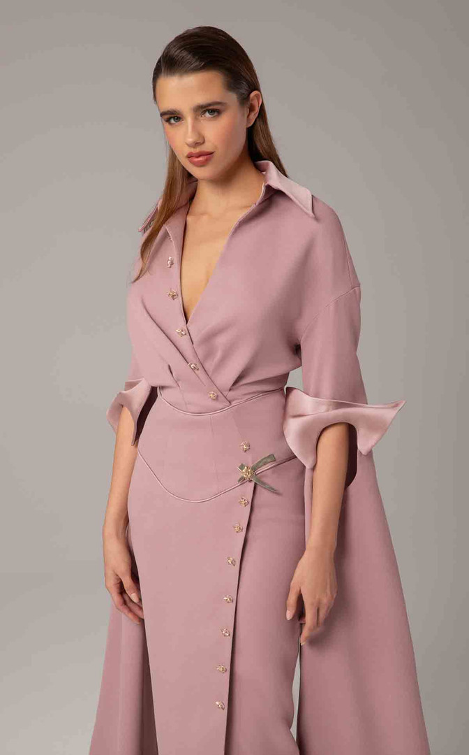 MNM Couture E0094 Rayon Crepe Collar V-neck Long Sleeve Gown