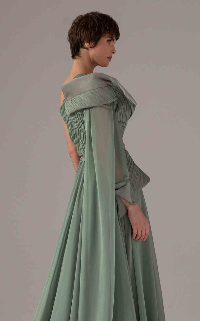 MNM Couture E0097 Asymmetric Neck Single Long Sleeve Gown