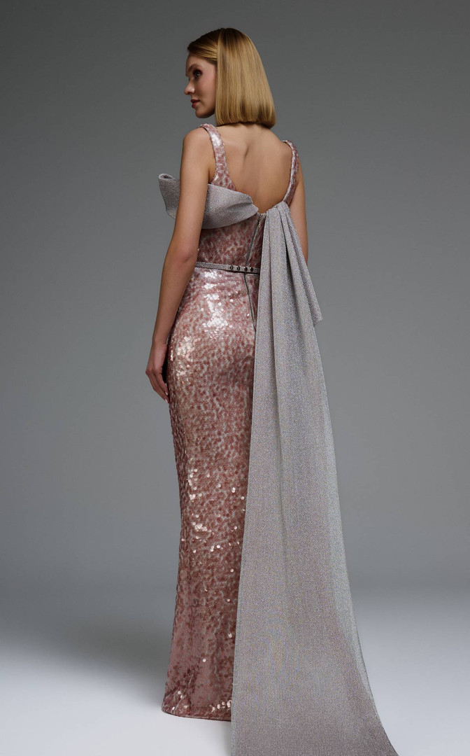 MNM Couture E0108 Sequin Embellished Strap Sleeves Gown