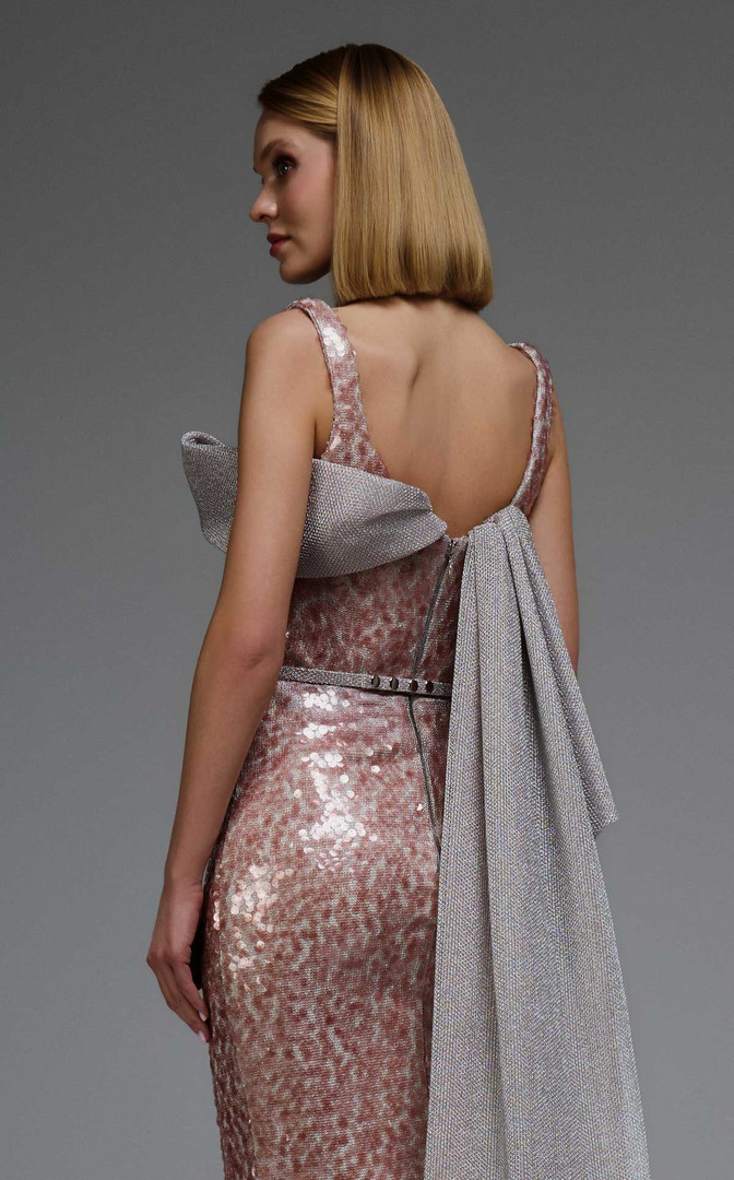 MNM Couture E0108 Sequin Embellished Strap Sleeves Gown