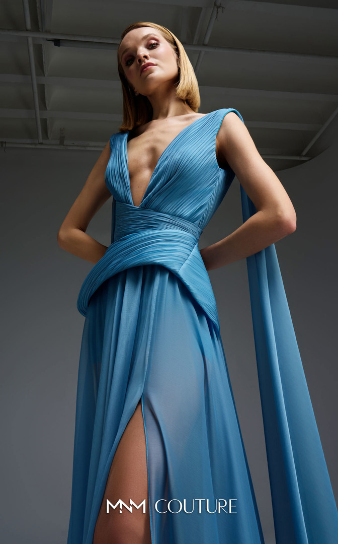MNM Couture E0121 Deep V-neck Pleated Corset Sleeveless Gown