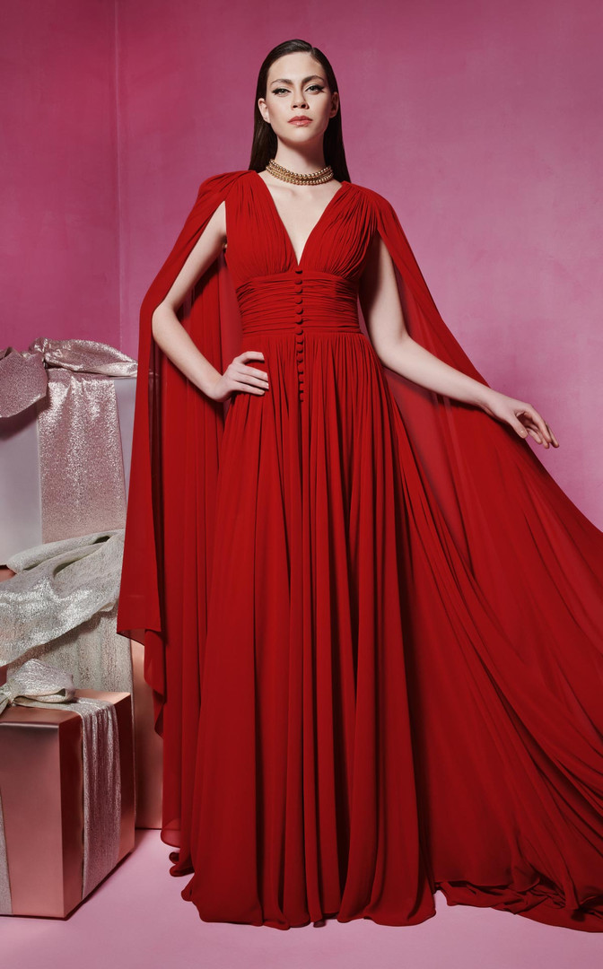 MNM Couture F02845 V-neckline Majestic Cape Sleeves Gown