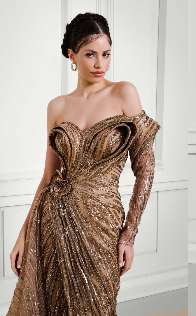 MNM Couture F02897B Sequin Embroidered One-Shoulder Gown