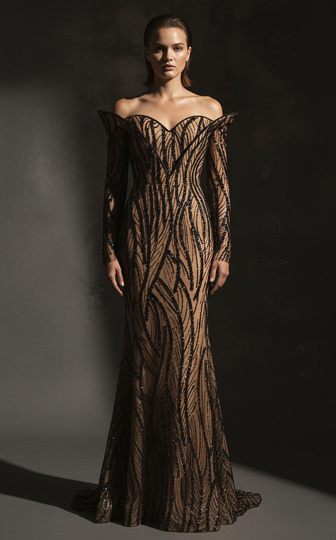 MNM Couture F02900 Sequined Mesh Embroidery Long Sleeve Gown