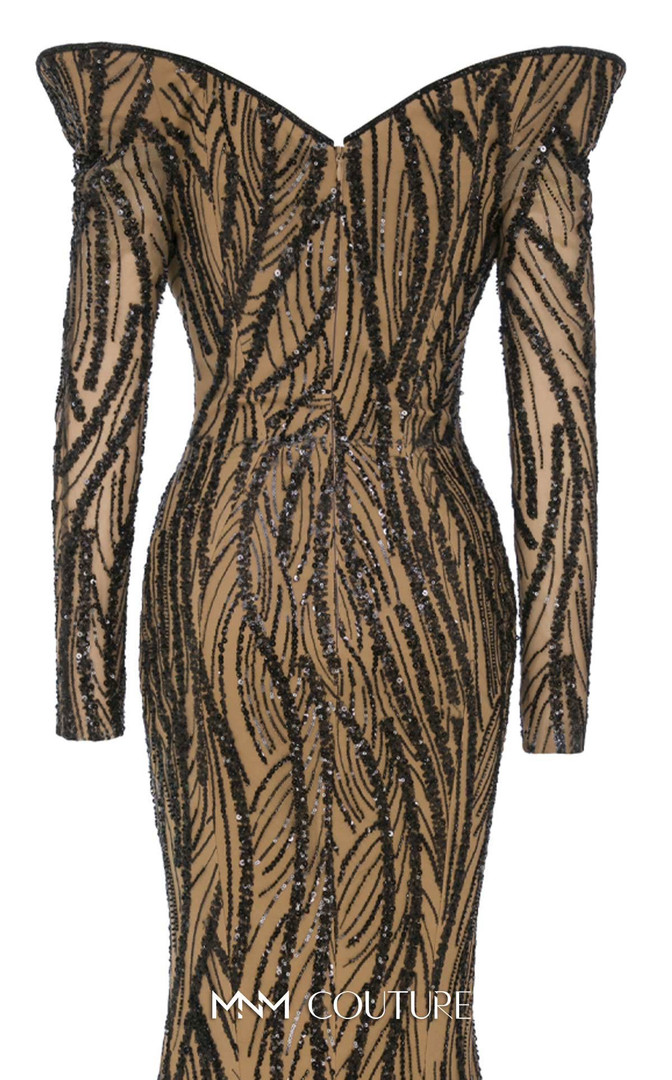 MNM Couture F02900 Sequined Mesh Embroidery Long Sleeve Gown