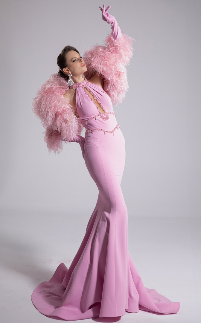 MNM Couture F02903 Rayon Crepe Beaded Halter Neckline Gown