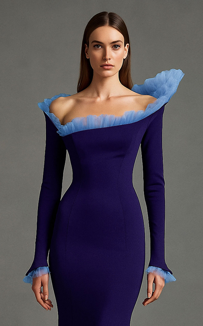 MNM Couture F02905 Crepe Organza Asymmetric Neckline Gown