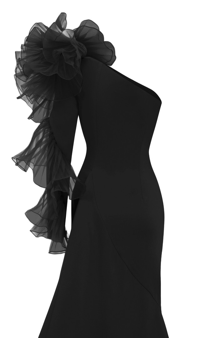 MNM Couture F02906 Floral Bold Shoulder Asymmetric Neck Gown