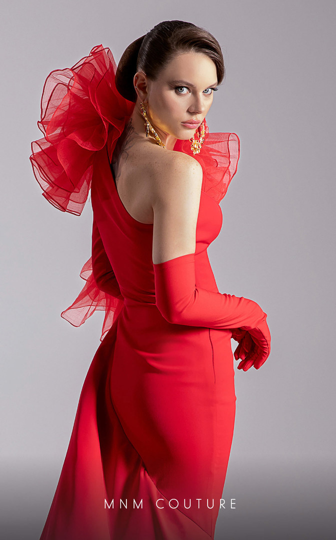 MNM Couture F02906 Floral Bold Shoulder Asymmetric Neck Gown