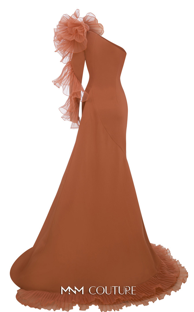 MNM Couture F02906 Floral Bold Shoulder Asymmetric Neck Gown