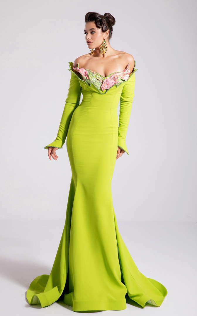 MNM Couture F02908 Floral Ruffle Off-Shoulder Fitted Gown