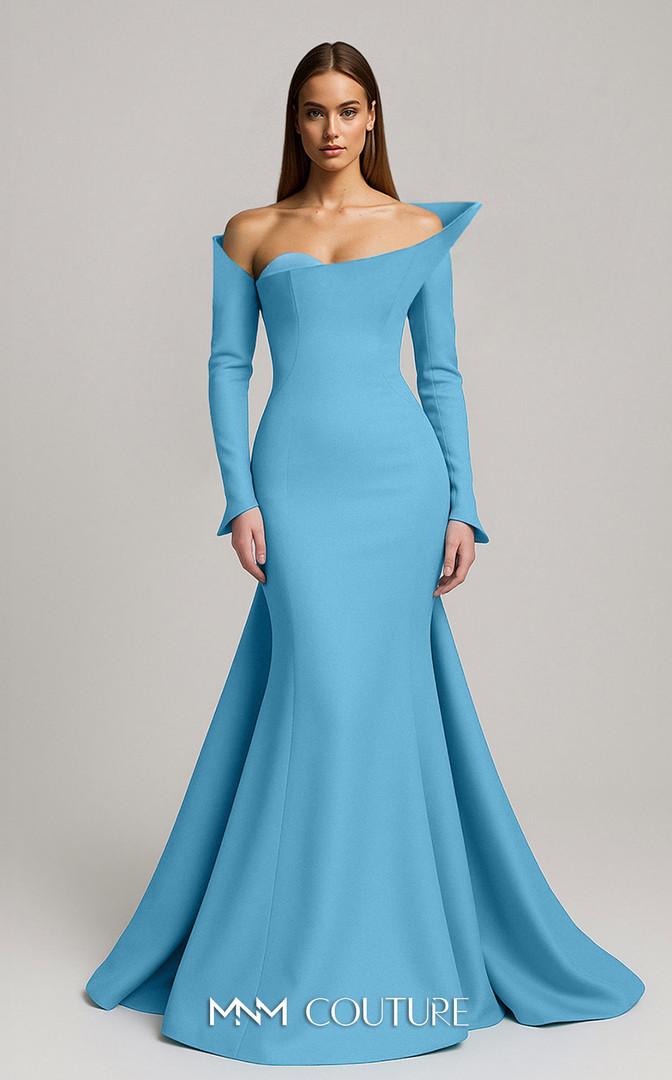 MNM Couture F02910 Jacquard Off Shoulder Long Sleeves Gown