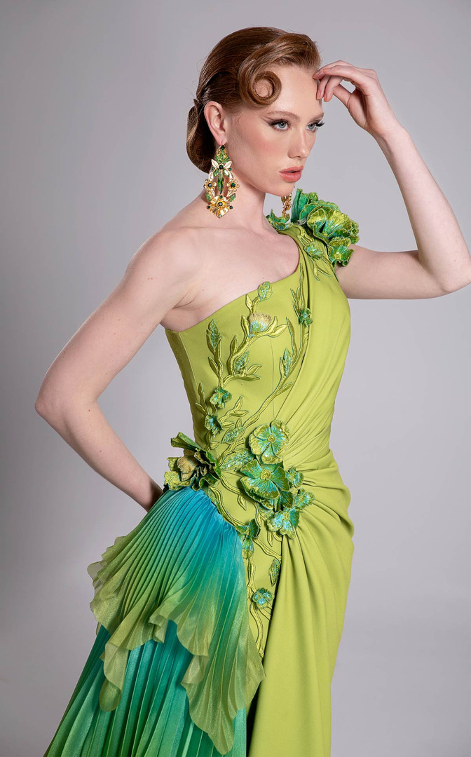 MNM Couture F02911 Rayon Crepe Ruffle One-Shoulder Long Gown