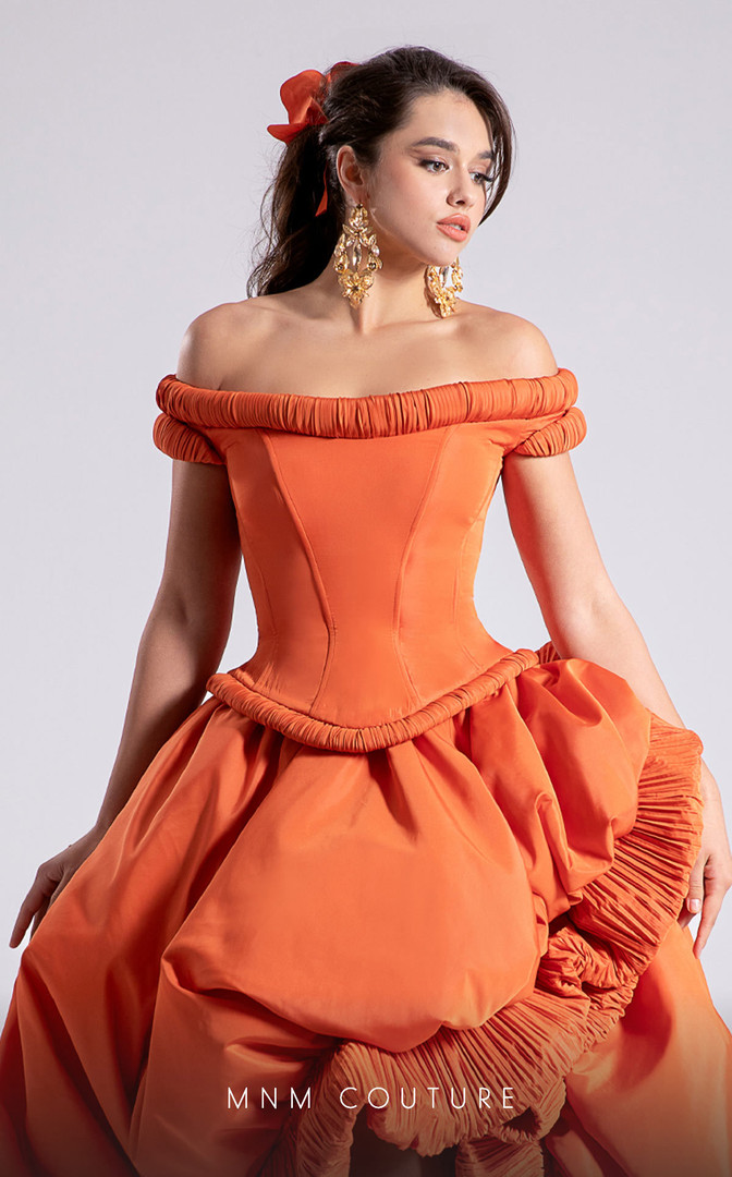 MNM Couture F02913 Taffeta Off-shoulder Cap Sleeve Long Gown