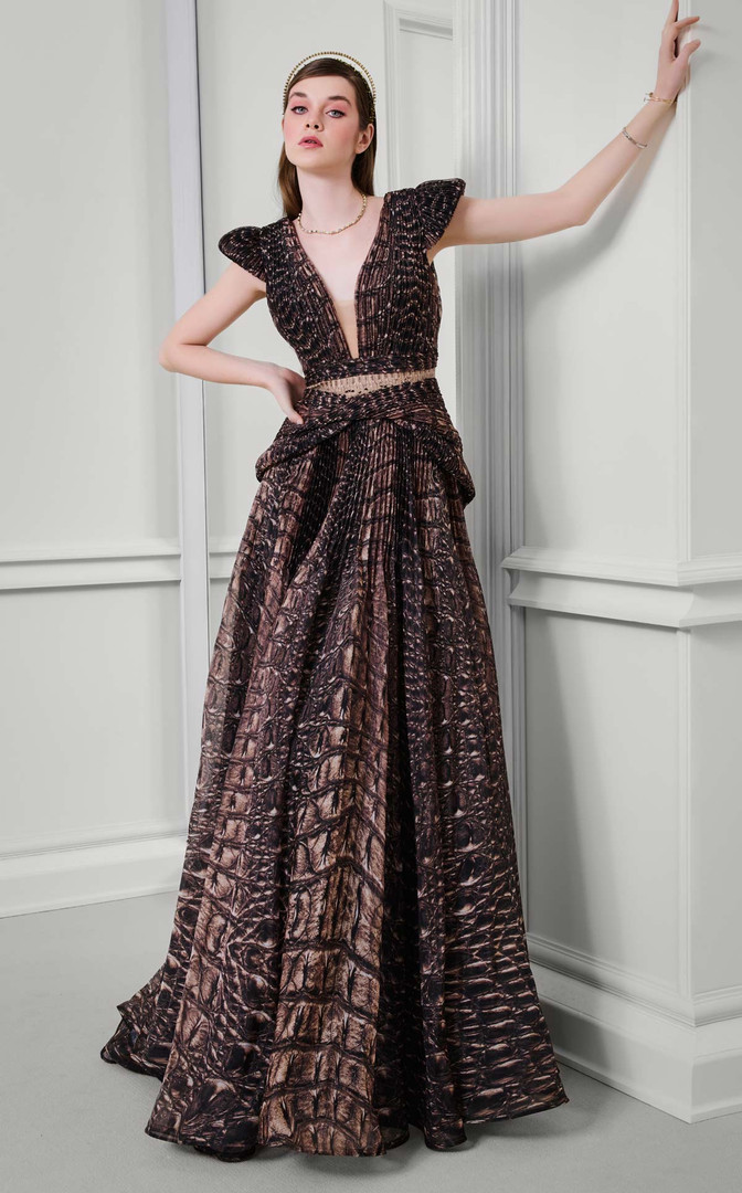 MNM Couture F02922 Textured Organza Deep V-neckline Gown